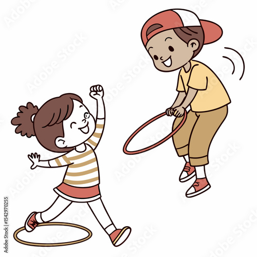 Happy Children Playing with Hoops Joyful Kids Outdoor Fun Summer Activity Illustration