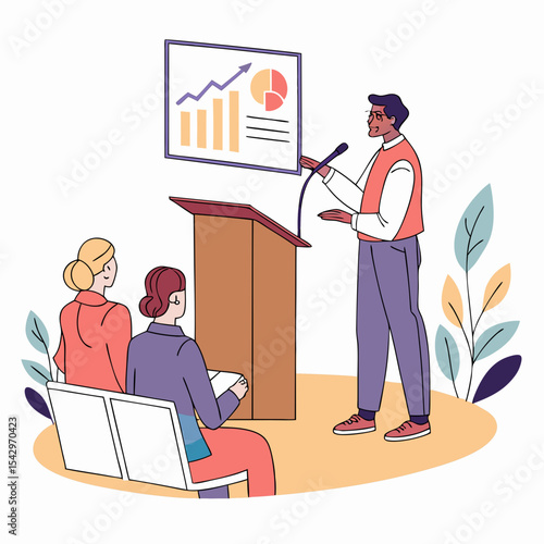 Business Presentation Speaker Giving a Talk to Attendees with Charts and Graphs