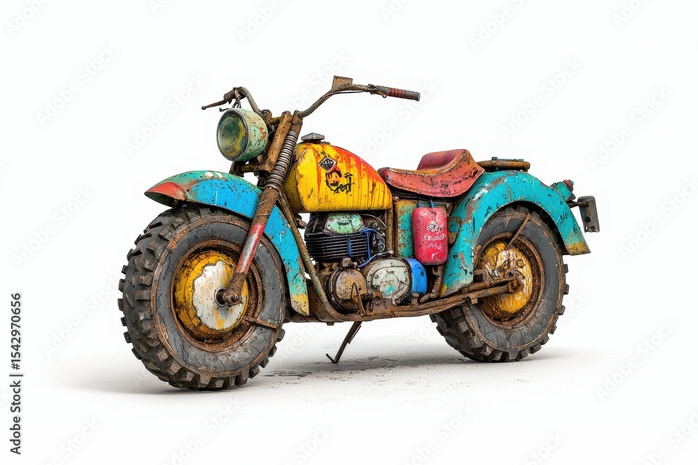 Obraz premium Weathered Colorful Motorcycle on White Background