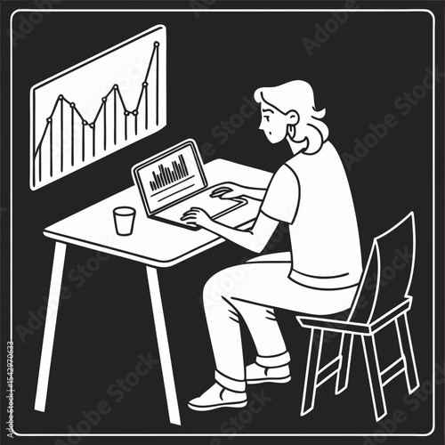 Woman Working on Laptop Analyzing Data Graphs at Home Office Desk