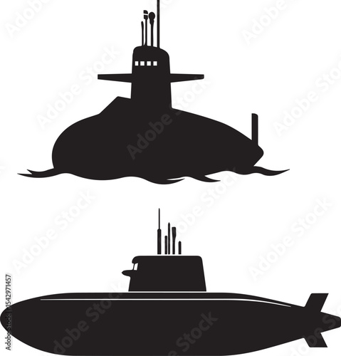 Silhouettes of Submarines Above and Below the Water Surface, Representing Naval Warfare, Underwater Technology, and Military Defense Operations for Submarine Forces