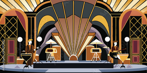 Two musicians performing on a stage with art deco backdrop and lighting in a stylized