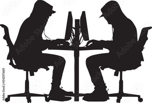 Silhouettes of Two Hackers in Hoodies Sitting at Computers, Representing Cybercrime, Digital Security Threats, and Online Hacking Activities for Technology and Cybersecurity Themes