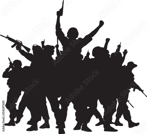 Silhouette of Armed Soldiers Celebrating Victory, Representing Military Triumph, Unity, and Patriotism in Combat and War for Victory and National Strength Themes