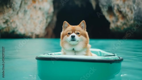 International dog day. A fluffy dog sits calmly in a teal kayak floating on vibrant blue water near a rocky cave.