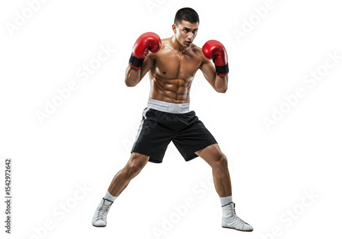 A muscular man ready to fight in a transparent png format wearing boxing gloves and shoes ready