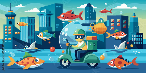 Whimsical Cityscape with Delivery Scooter and Colorful Fish: A vibrant vector graphic perfect for branding, websites, and children's products.