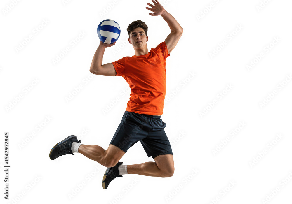 Fototapeta premium Dynamic image shows athletic young man powerfully spiking a volleyball, full of energy and motion.