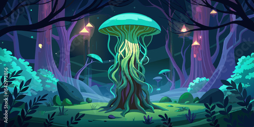 Enchanting Luminescent Forest Scene with Glowing Mushroom and Fantasy Trees ideal for Game Design and Digital Art Projects