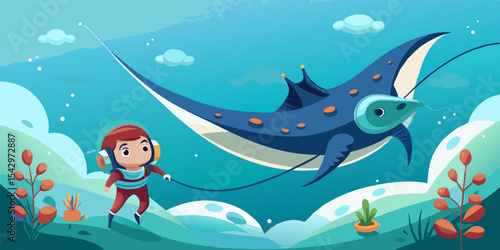 Adorable Astronaut Child Taming a Giant Manta Ray in a Whimsical Underwater Scene Perfect for Children's Book Design or Branding