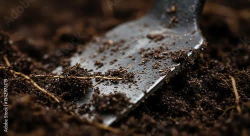 Wallpaper Mural Garden trowel tool dark soil cultivation agriculture farming planting. Metal blade wooden handle earth preparation digging. Gardening equipment concept Torontodigital.ca