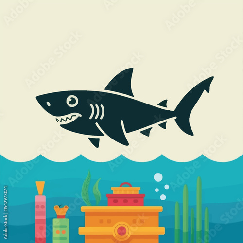 Black Shark Silhouette Above Ocean Treasure Chest Scene vector