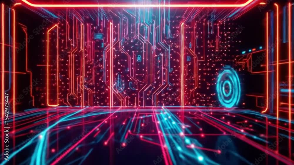 Futuristic digital technology background with glowing neon lights, data circuits. Modern AI concept for innovative high tech design. 4k video