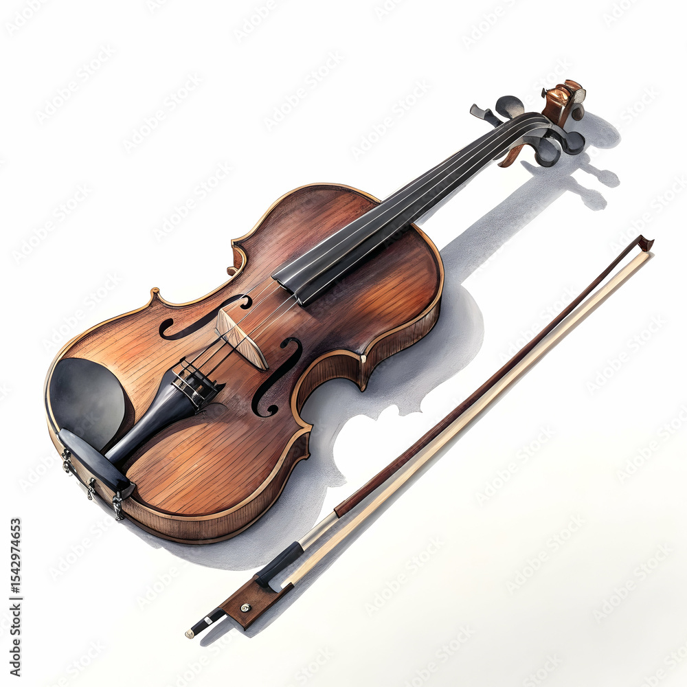 Fototapeta premium classic wooden brown violin with polished surface, fine tuners, and elegant curves positioned with bow and strings clearly visible isolated on white background