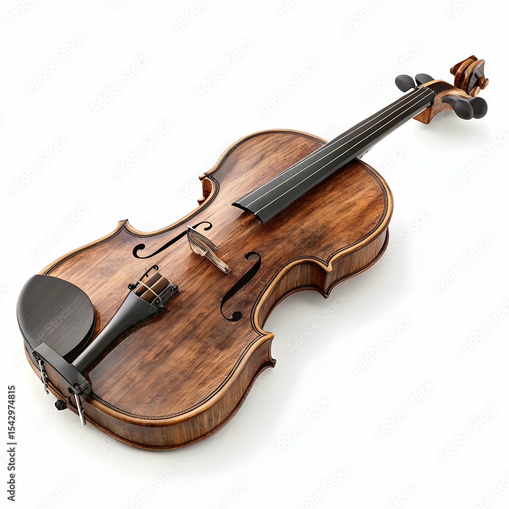 Fototapeta premium classic wooden brown violin with polished surface, fine tuners, and elegant curves positioned with bow and strings clearly visible isolated on white background