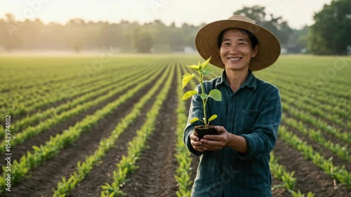 A farmer holds a young plant in a field at sunrise