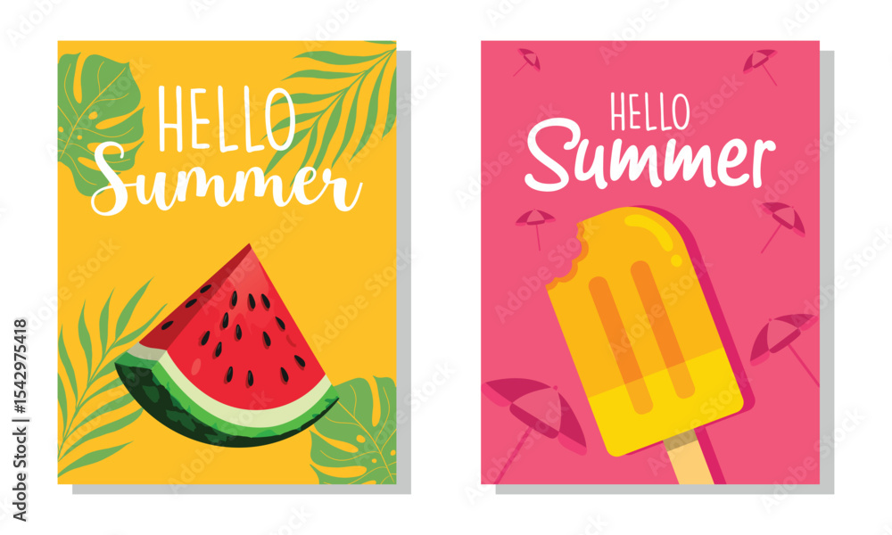 Naklejka premium Hello Summer Vector Illustration with Watermelon and Popsicle.