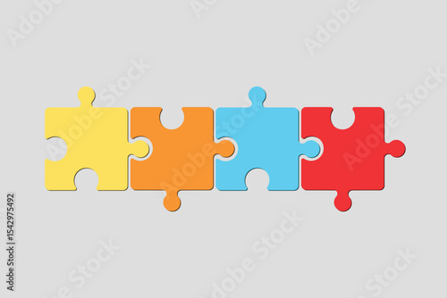 Horizontal chart with 4 connected puzzle pieces. Infographic design template on gray background.