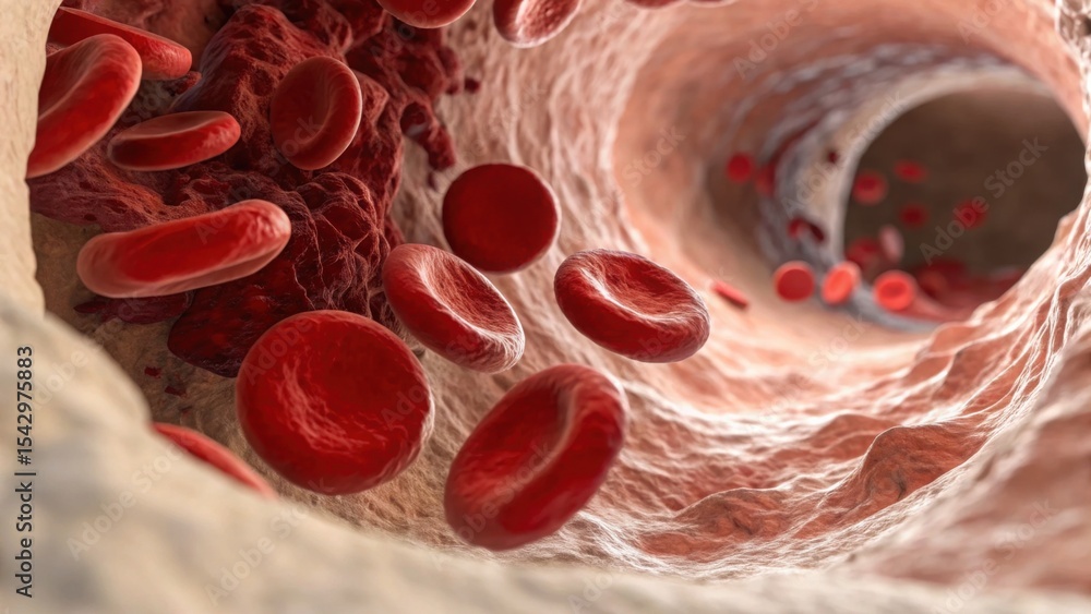 Fototapeta premium Blood cell structure 3d render concept. Digital illustration of blood cells flowing in a vein.
