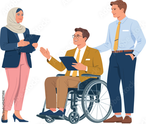 Three diverse professionals in a business setting with one person in a wheelchair and holding clipboard