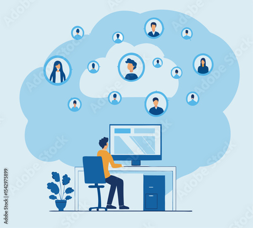 Businessman on laptop accessing cloud computing technology network for global business data communication