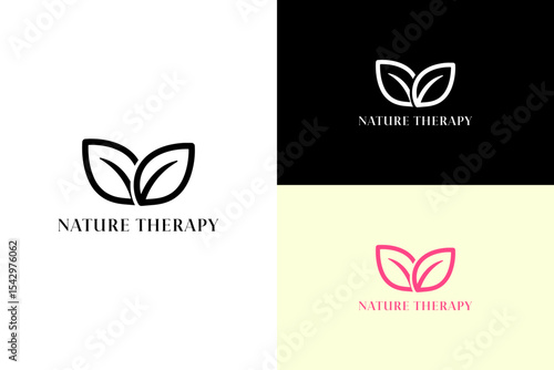 two overlapping leaves vector illustration, icon, minimal, logo for calming, holistic healing, natural wellness, organic therapy, fitness, green energy, mindfulness, nature therapy, and more