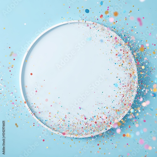 White Circular Confetti Frame with Colorful Light Blue Accents for Celebration Design


