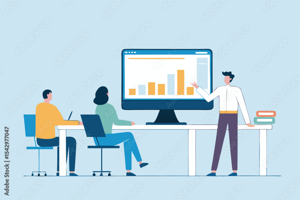 Cartoon vector illustration of business people working together on laptops at a modern office desk Cartoon vector illustration of business people working together on laptops at a modern office desk