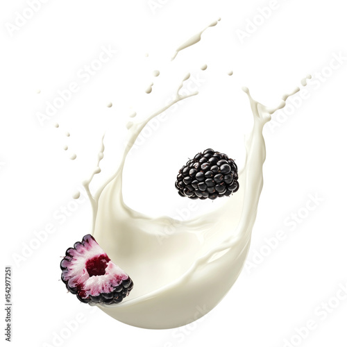 Splash of Milk with Blackberries on Transparent Isolated Background