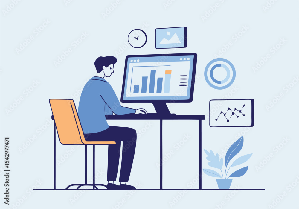 Businessman working on laptop with technology icons Businessman working on laptop with technology icons