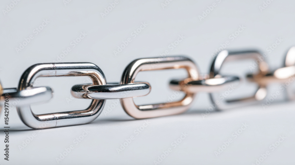 Fototapeta premium A close-up image showcasing a metallic chain. The chain is made of interlocking links that are both strong and beautiful.