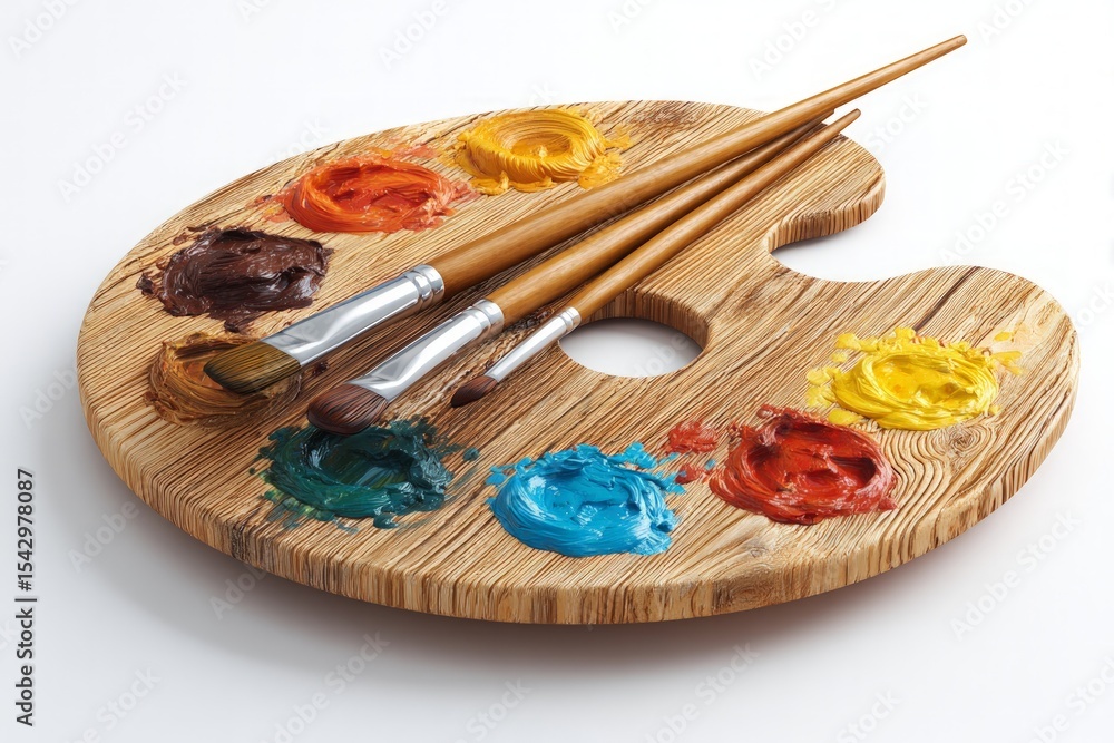 Wooden Artist Palette With Paint And Brushes Wooden Artist Palette With Paint And Brushes
