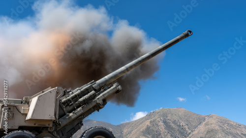 Cannon fires smoke and fire into sky, showcasing military power against backdrop of mountains and blue sky. scene captures intensity and drama of live artillery