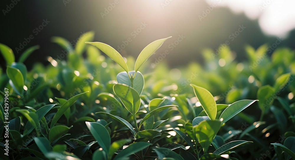 Obraz premium Lush Green Leaves Bathed in Golden Sunlight, Close-up of Natural Growth and Vibrant Foliage