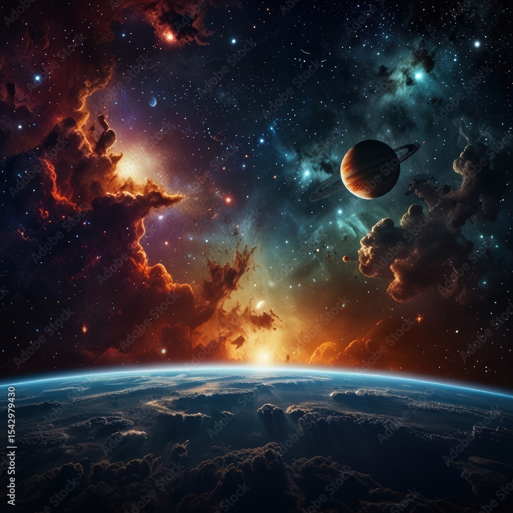 Obraz premium Stunning Cosmic Landscape Planet Nebula and Starry Night Sky