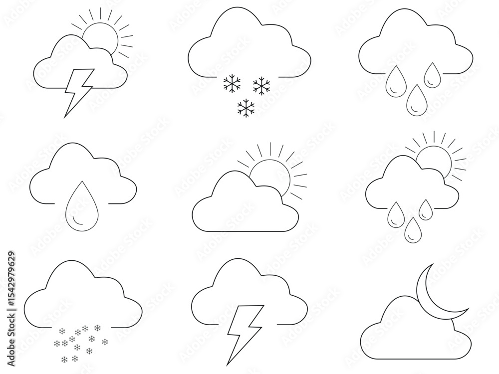 Obraz premium WebMinimal Line Weather Icons Set – Sun, Cloud, Rain, Wind, Snow, and Forecast Symbols