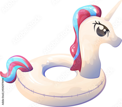 Bright illustration depicting an inflatable ring shaped like a fantasy unicorn. Design of a mythical creature from fairy tales. Vektor illustration inflatable ring from swimming
