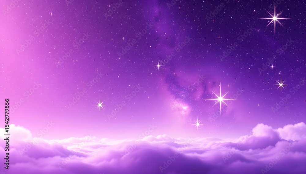 Dreamy scene of fluffy clouds meeting a purple, star-filled night sky with nebulae. Dreamy scene of fluffy clouds meeting a purple, star-filled night sky with nebulae.