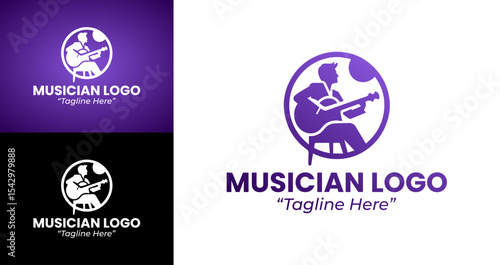 Dynamic Musician Logo with Musical Elements and Purple Color Scheme