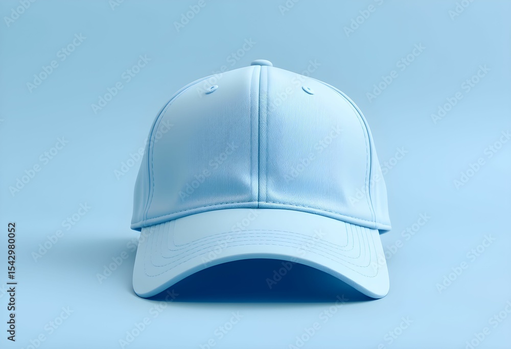A light blue baseball cap rests on a matching pale blue background. A light blue baseball cap rests on a matching pale blue background.