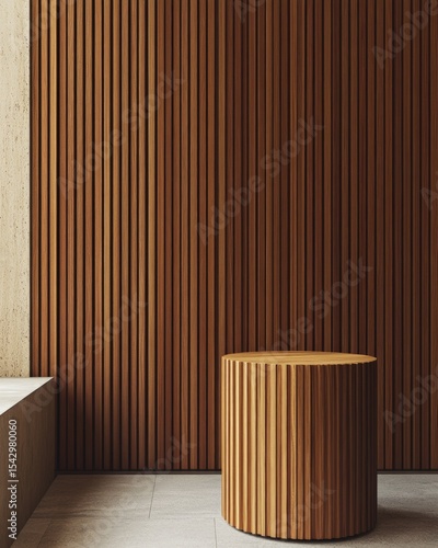 Wooden Display Podium Against Vertical Wood Paneling