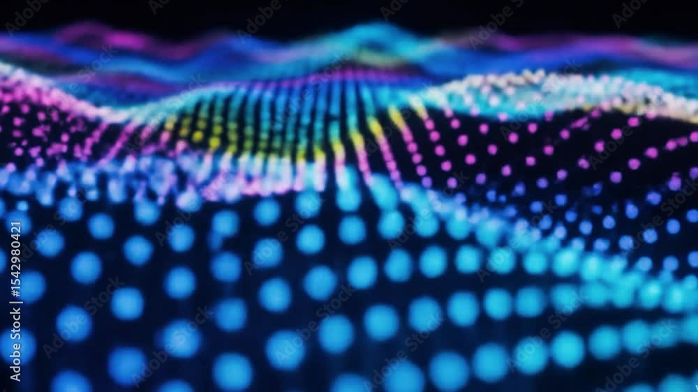 A high-detail 3D animation of neon-colored spherical particles forming smooth, wavy patterns in a dark ambient space