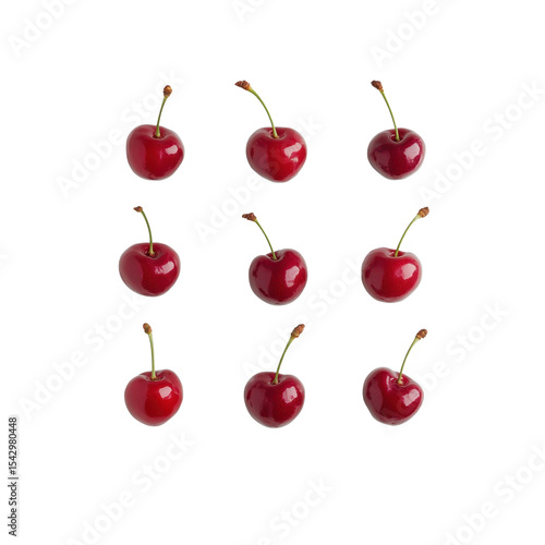 Cherry Delight: Nine vibrant red cherries with stems elegantly arranged, symbolizing freshness and a burst of juicy sweetness. A close-up, photorealistic capture to ignite your senses.