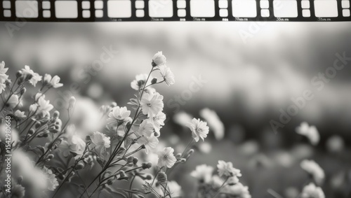 Delicate White Flowers Black White Film Frame Bokeh