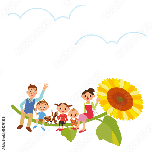 大きな向日葵に座って手を振る家族