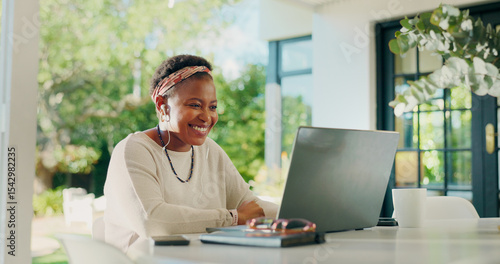 Photos Reading, laptop and smile with black woman in home for banking loan, wealth management and review