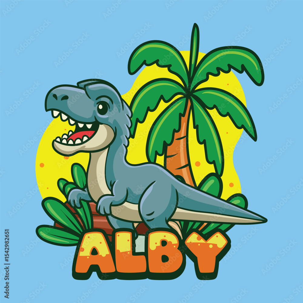 Naklejka premium Cute Albertosaurus Dinosaur Character Mascot in Vector Cartoon Illustration