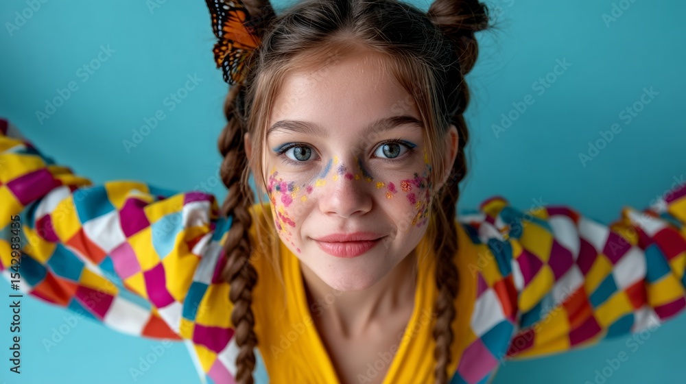 Young girl with colorful face paint and butterfly hair clips is smiling. She is wearing a yellow striped shirt Young girl with colorful face paint and butterfly hair clips is smiling. She is wearing a yellow striped shirt