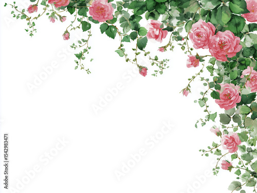 Floral Pink Rose Border: An arrangement of delicate pink roses and verdant foliage create a beautifully illustrated border, adding elegance to any project.