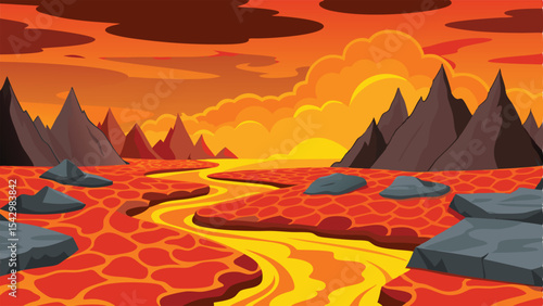 Cartoon landscape of a lava river flowing through a volcanic valley under a fiery orange sky scene